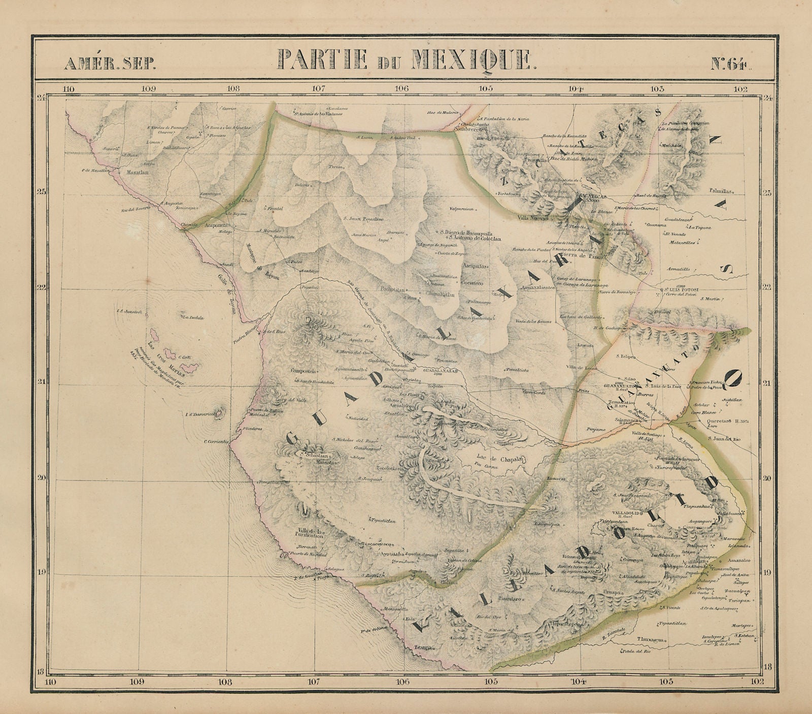 Amér. Sep. Partie du Mexique #64. Southwest Mexico. VANDERMAELEN 1827 old map